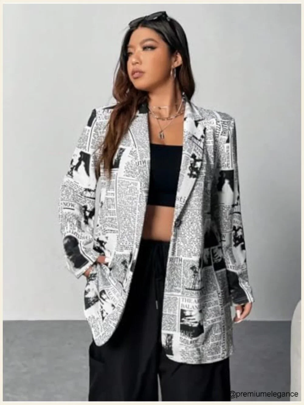 Newspaper Print Blazer Shawl Collar Long Sleeve Work Office Jacket with Stretch